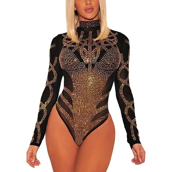 Sexy Sheer Mesh Turtleneck See Through Leotard Bodysuit Long Sleeve Stretchy NWT - Picture 1 of 5